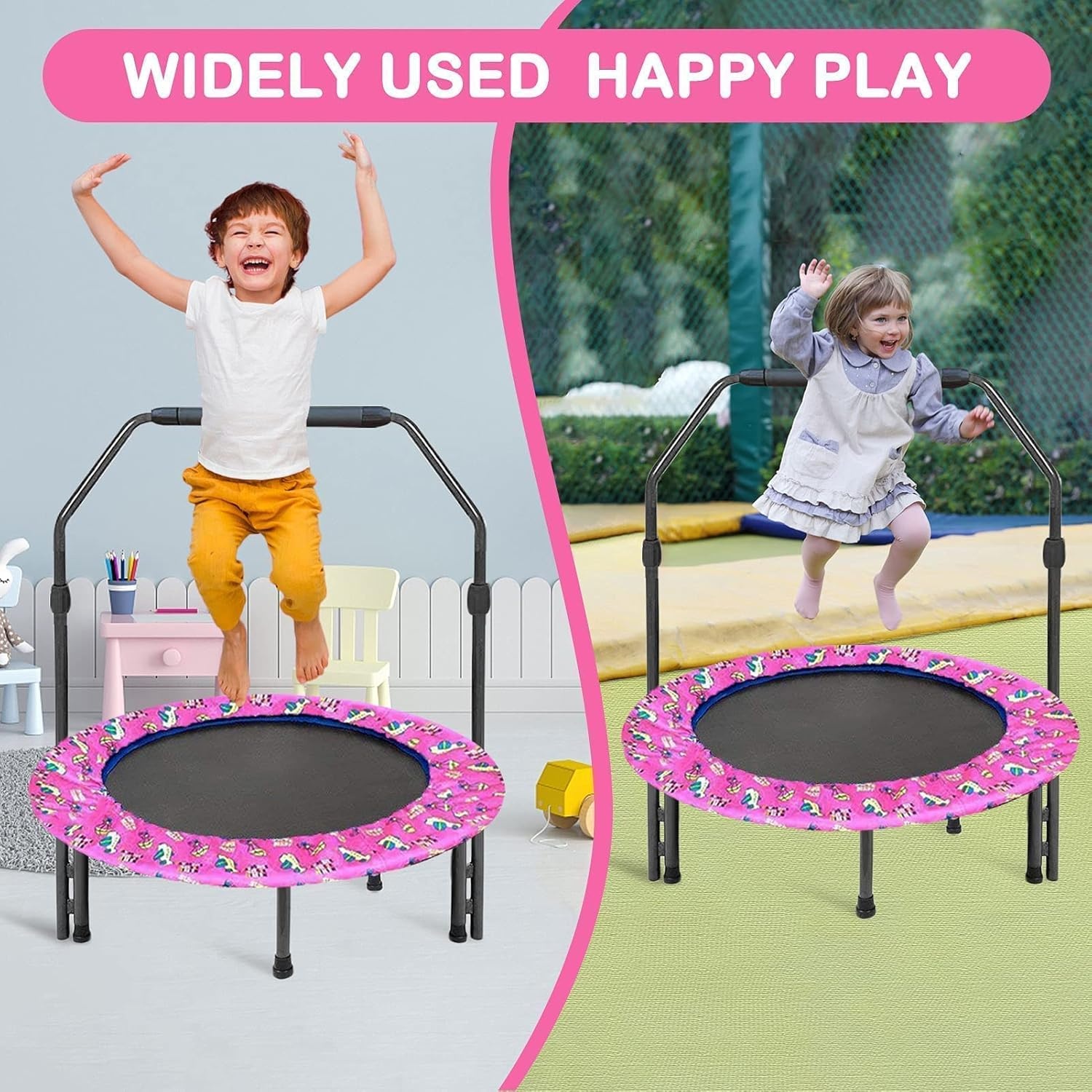 Trampoline voor kinderen, diameter 91 cm, mini-fitnesstrampoline met schuimrubberen handgreep en veiligheidsvulling, kleine opvouwbare trampoline voor binnen en buiten, tuintrampoline voor jongens en