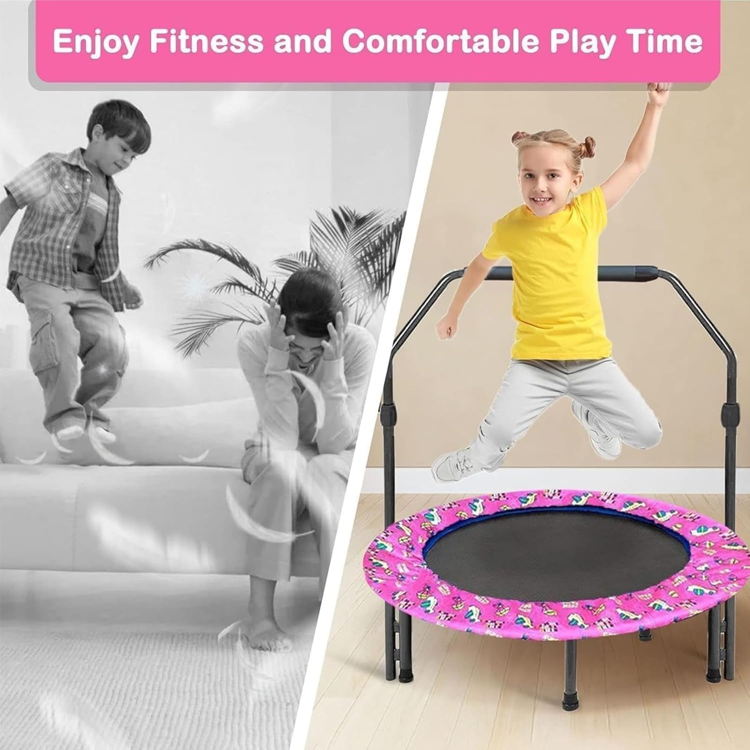 Trampoline voor kinderen, diameter 91 cm, mini-fitnesstrampoline met schuimrubberen handgreep en veiligheidsvulling, kleine opvouwbare trampoline voor binnen en buiten, tuintrampoline voor jongens en