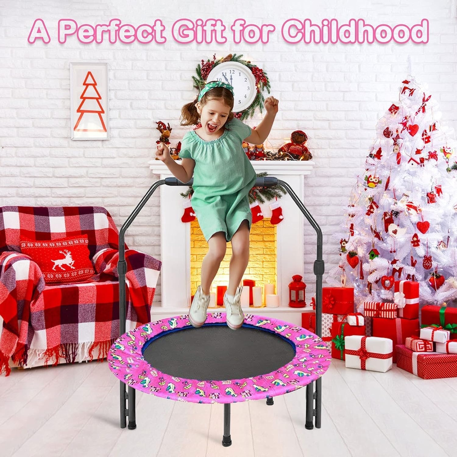 Trampoline voor kinderen, diameter 91 cm, mini-fitnesstrampoline met schuimrubberen handgreep en veiligheidsvulling, kleine opvouwbare trampoline voor binnen en buiten, tuintrampoline voor jongens en