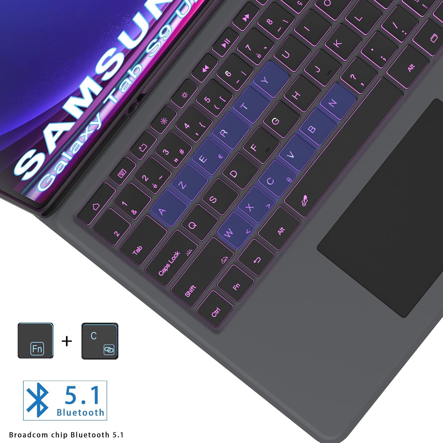 Toetsenbordhoes met Touchpad en Verlicht AZERTY Toetsenbord voor Samsung Galaxy Tab S9/S8 Ultra 14.6 inch