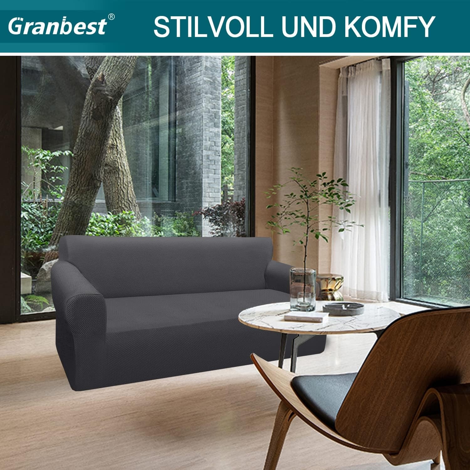 Granbest Dikke bankhoes met stijlvol patroon, bankovertrek voor bank, stretch, elastische jacquard, bankhoes met armleuning, voor woonkamer, anti-slip (3-zits, grijs)
