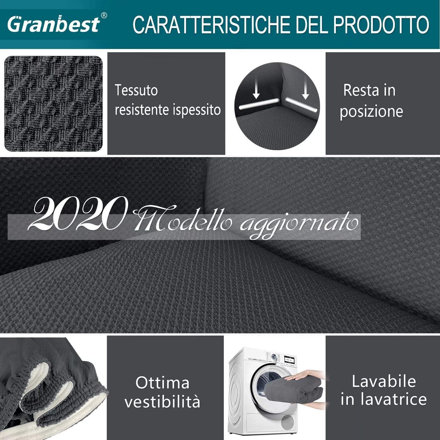 Granbest Dikke bankhoes met stijlvol patroon, bankovertrek voor bank, stretch, elastische jacquard, bankhoes met armleuning, voor woonkamer, anti-slip (3-zits, grijs)