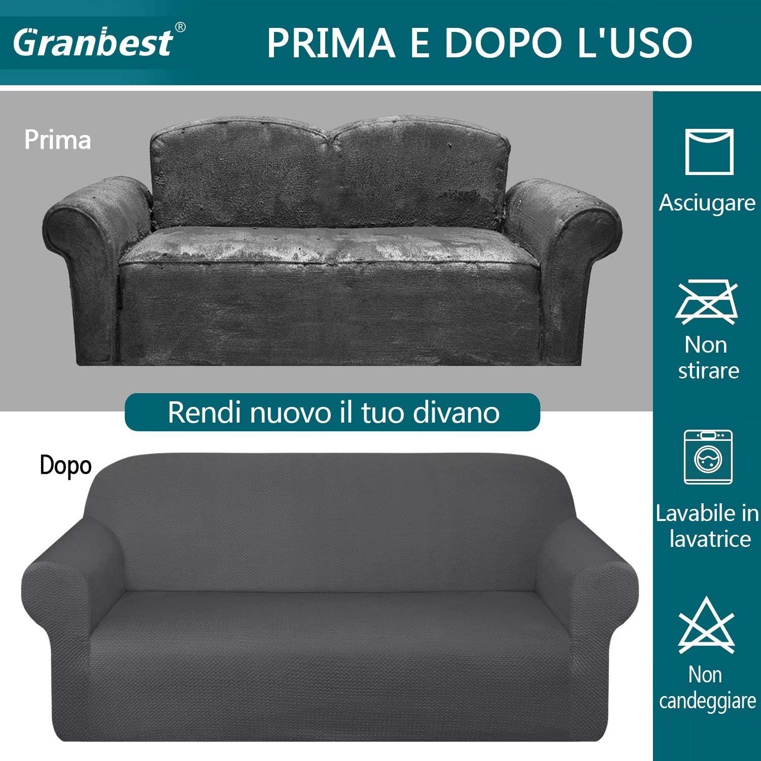 Granbest Dikke bankhoes met stijlvol patroon, bankovertrek voor bank, stretch, elastische jacquard, bankhoes met armleuning, voor woonkamer, anti-slip (3-zits, grijs)