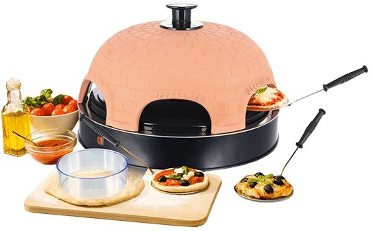 Emerio Pizzarette Origineel - 6 Persoons Pizza Oven - Handgemaakte Terracotta Koepel - 6 Geïsoleerde Bakspatels - RVS Bakplaat - Gourmetstel met Cool touch koepel - PO-115984 1200W