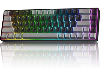 TMKB T68 Draadloze Mechanische Gaming-Toetsenbord, Tri-Mode (Bluetooth/5.0/2.4GHz/USB-C), 60% RGB Toetsenbord met 68 Toetsen (QWERTY Layout), Rode Switch - Grijs/Zwart