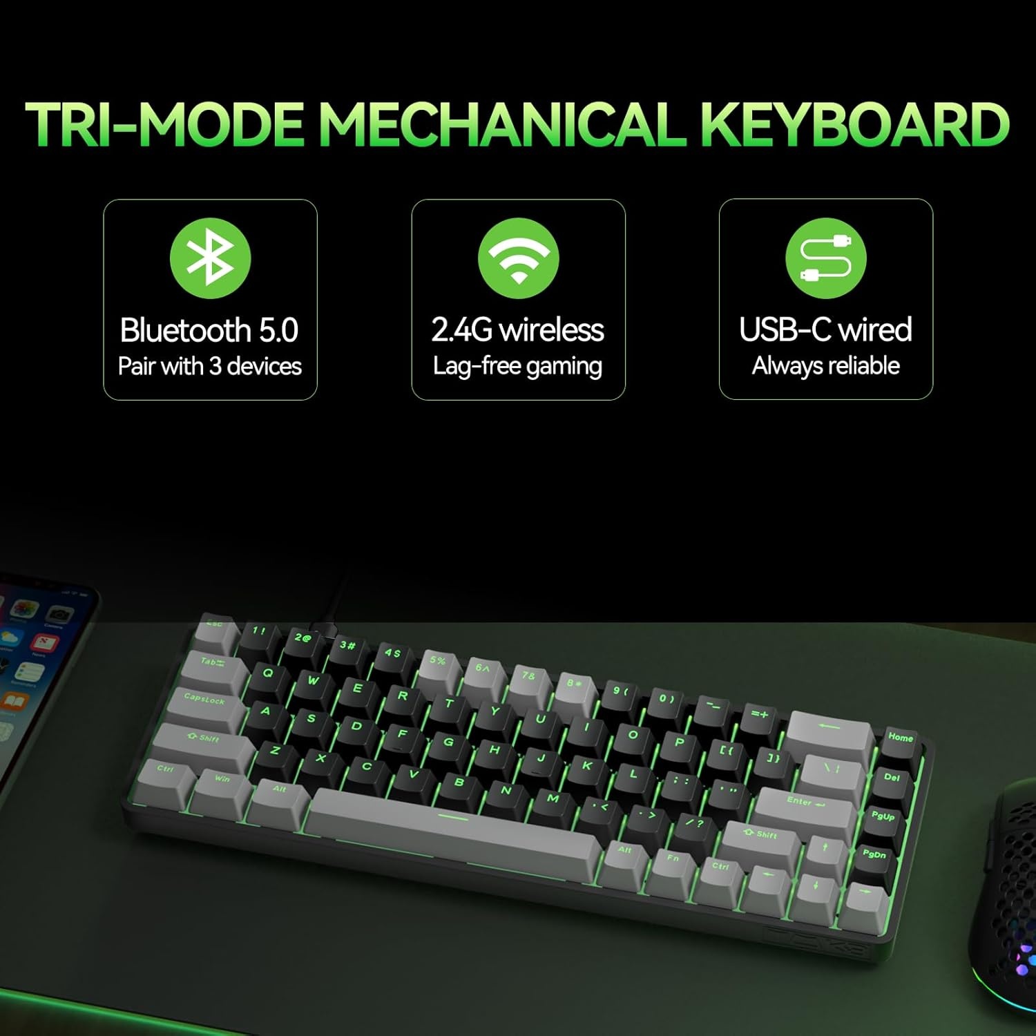 TMKB T68 Draadloze Mechanische Gaming-Toetsenbord, Tri-Mode (Bluetooth/5.0/2.4GHz/USB-C), 60% RGB Toetsenbord met 68 Toetsen (QWERTY Layout), Rode Switch - Grijs/Zwart