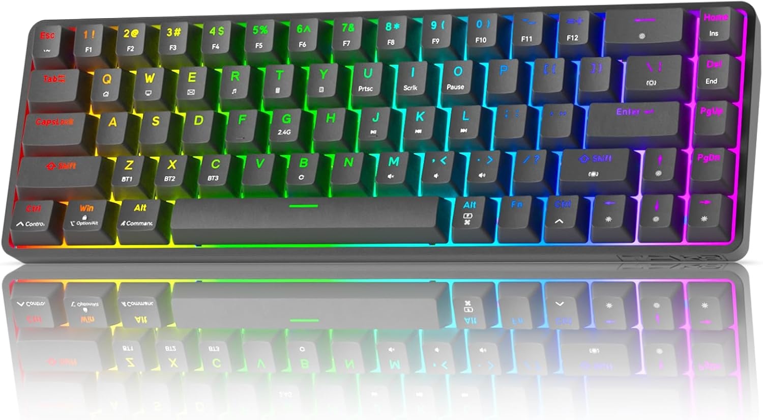 TMKB T68 Draadloze Mechanische Gaming-Toetsenbord, Tri-Mode (Bluetooth/5.0/2.4GHz/USB-C), 60% RGB Toetsenbord met 68 Toetsen (QWERTY Layout), Rode Switch - Grijs/Zwart