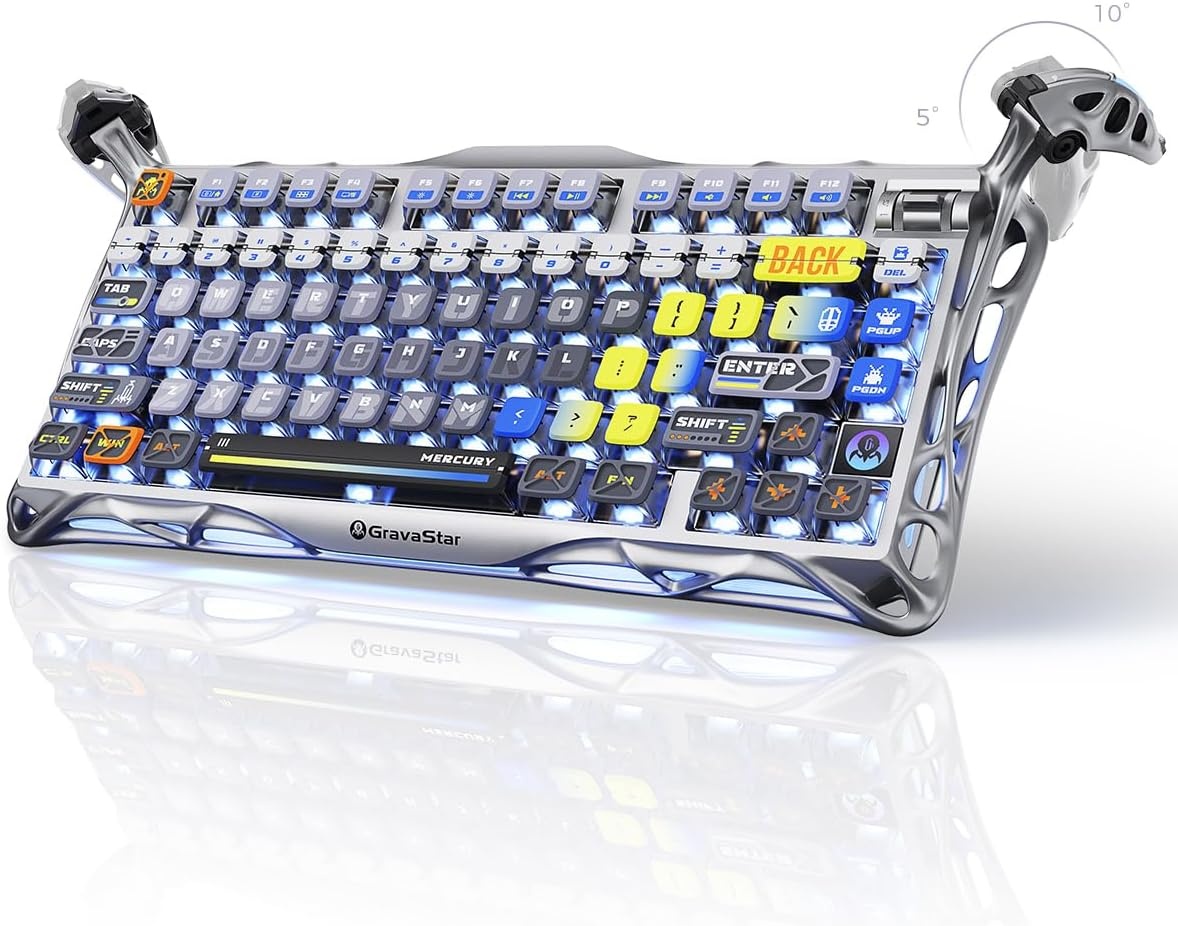 GravaStar Mercury K1 Pro Gaming toetsenbord BT5.0/2.4G/USB-C, 75% gasket hot-swap-compatibel mechanisch toetsenbord, draadloos met RGB-achtergrondverlichting, Win/Mac, QWERTY (interstellair zilver)