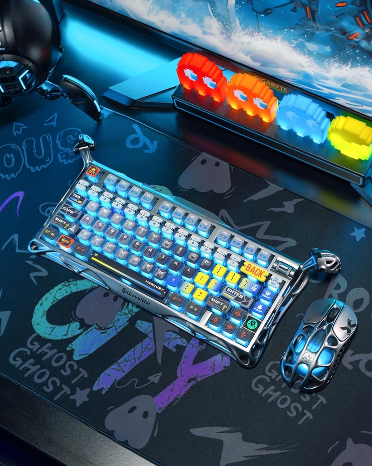 GravaStar Mercury K1 Pro Gaming toetsenbord BT5.0/2.4G/USB-C, 75% gasket hot-swap-compatibel mechanisch toetsenbord, draadloos met RGB-achtergrondverlichting, Win/Mac, QWERTY (interstellair zilver)