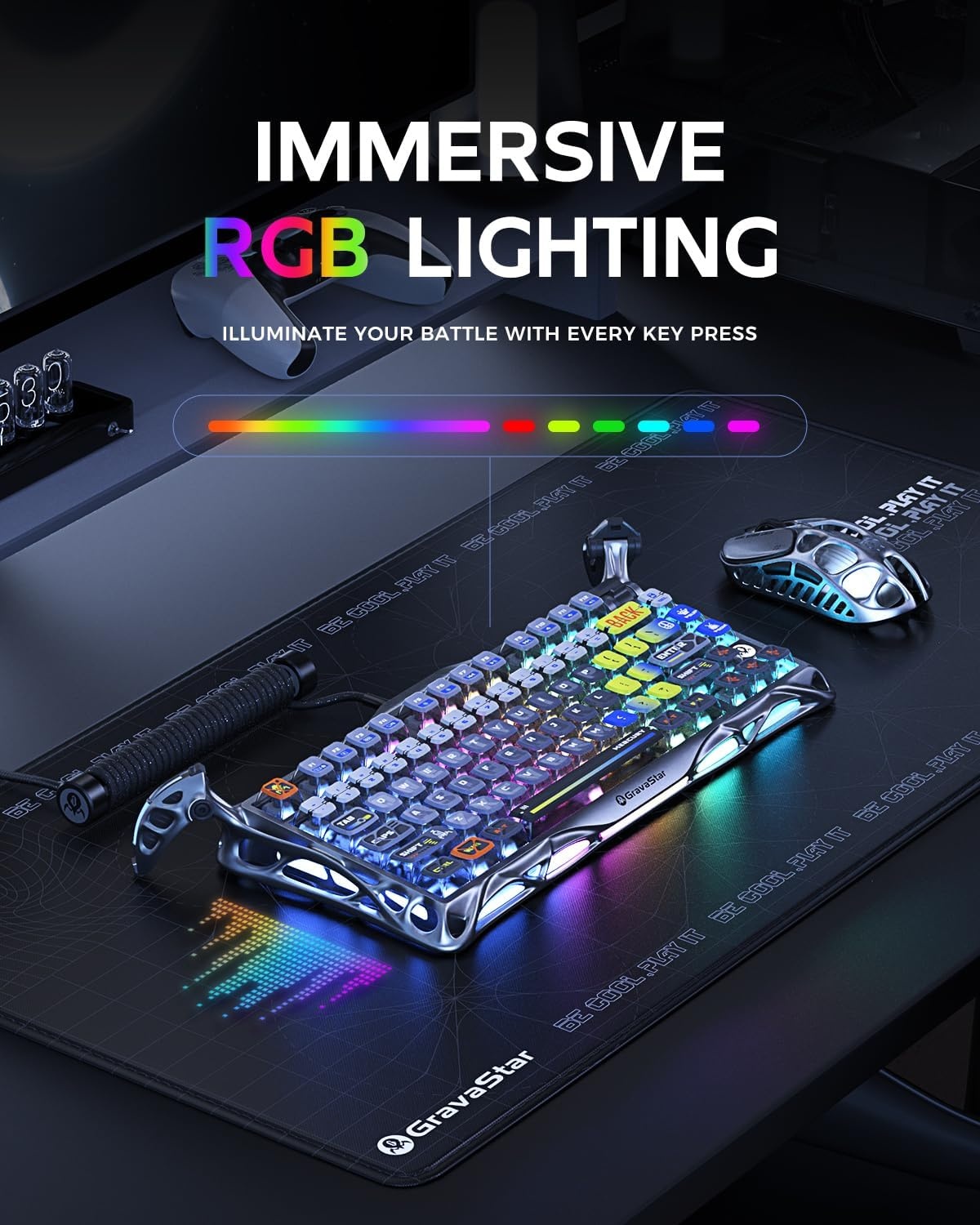 GravaStar Mercury K1 Pro Gaming toetsenbord BT5.0/2.4G/USB-C, 75% gasket hot-swap-compatibel mechanisch toetsenbord, draadloos met RGB-achtergrondverlichting, Win/Mac, QWERTY (interstellair zilver)