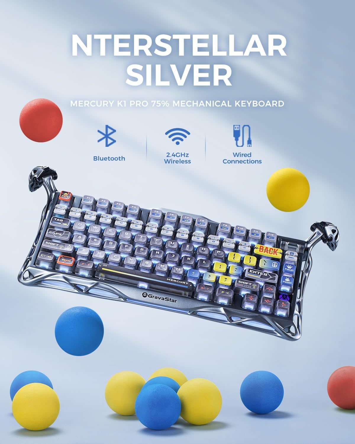 GravaStar Mercury K1 Pro Gaming toetsenbord BT5.0/2.4G/USB-C, 75% gasket hot-swap-compatibel mechanisch toetsenbord, draadloos met RGB-achtergrondverlichting, Win/Mac, QWERTY (interstellair zilver)