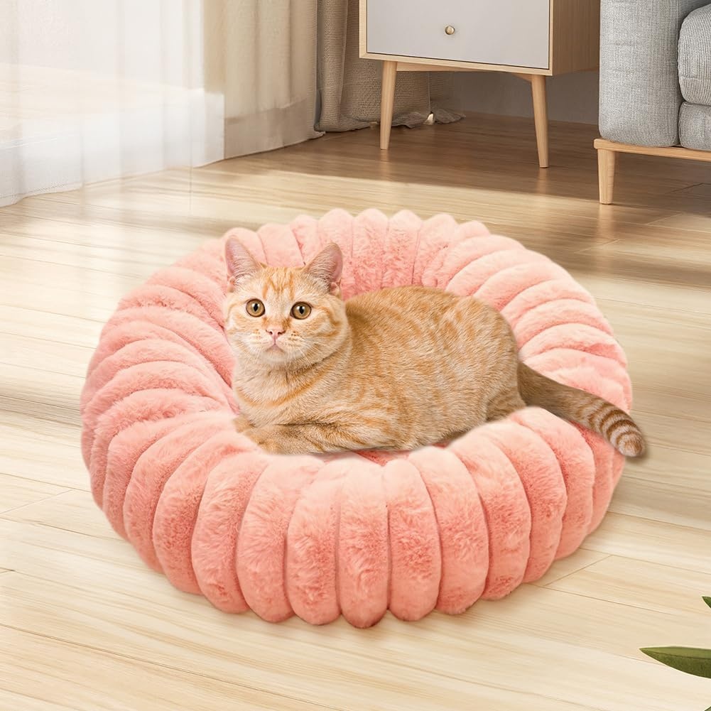 Klein hondenbed, kattenbed, wasbare huisdierzachte pluche kalmerende anti-angst donutbank met antislip bodem voor honden, katten, kittens en puppy's, 40 cm (roze)