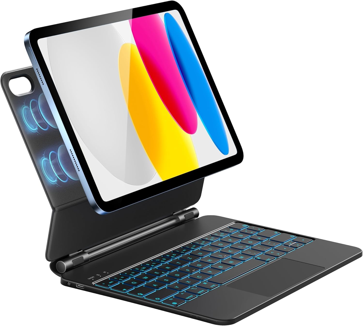 HOU Toetsenbord hoes voor iPad 10 generatie (10,9 inch), magnetische standaard, multi-touch trackpad, 7-kleurig verlicht, iPad 10 generatie 2022, hoes met toetsenbord, QWERTZ-lay-out, zwart