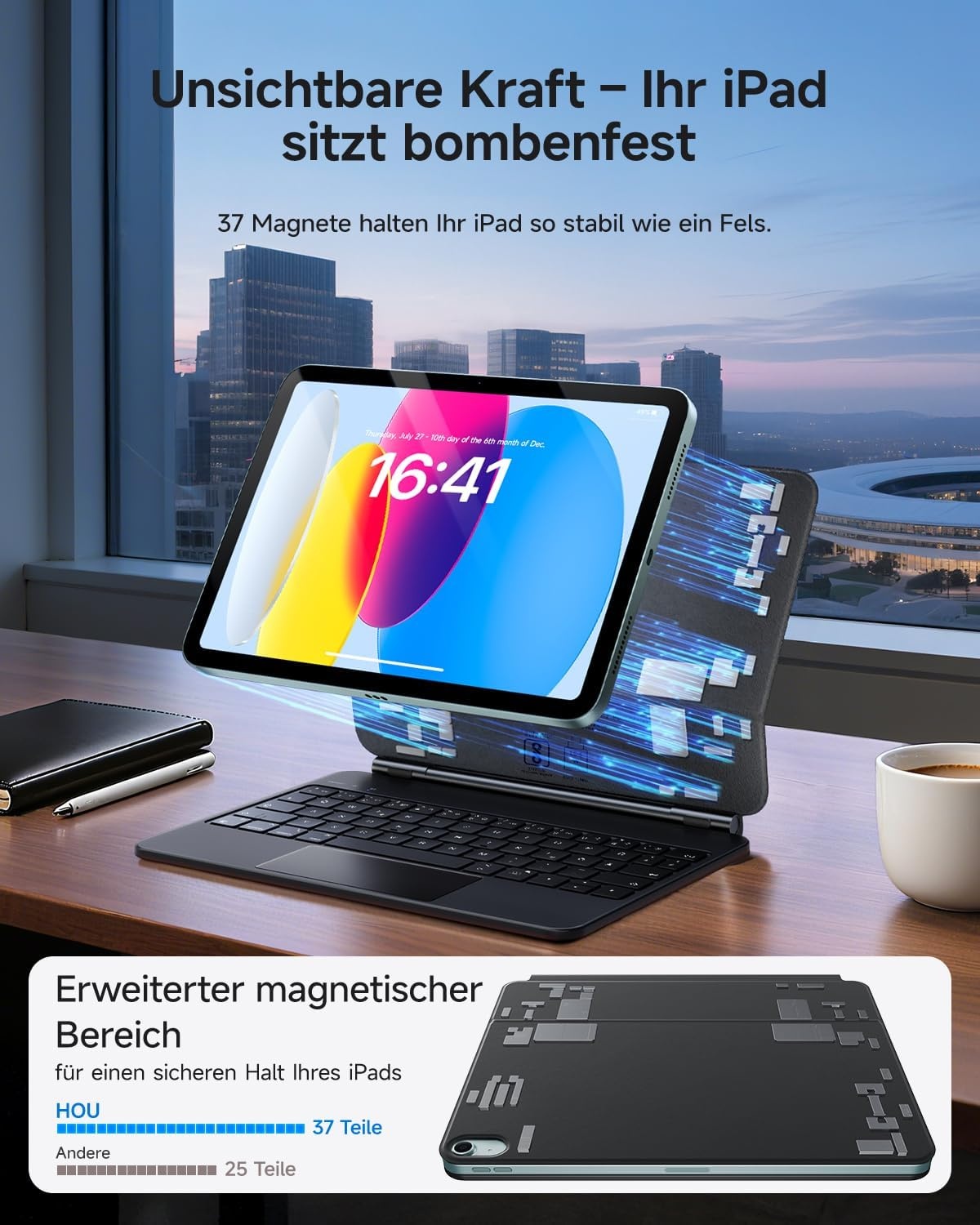HOU Toetsenbord hoes voor iPad 10 generatie (10,9 inch), magnetische standaard, multi-touch trackpad, 7-kleurig verlicht, iPad 10 generatie 2022, hoes met toetsenbord, QWERTZ-lay-out, zwart