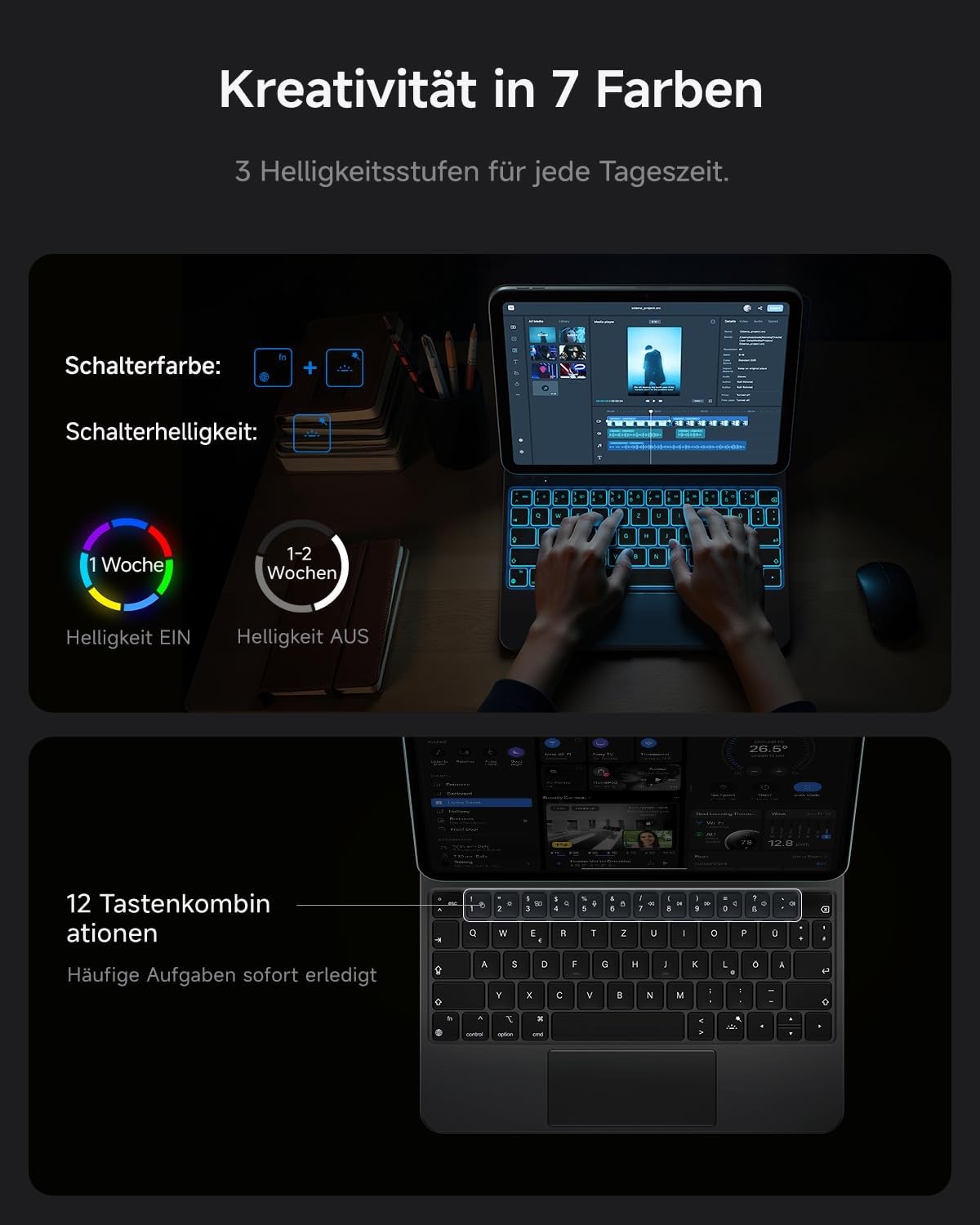 HOU Toetsenbord hoes voor iPad 10 generatie (10,9 inch), magnetische standaard, multi-touch trackpad, 7-kleurig verlicht, iPad 10 generatie 2022, hoes met toetsenbord, QWERTZ-lay-out, zwart