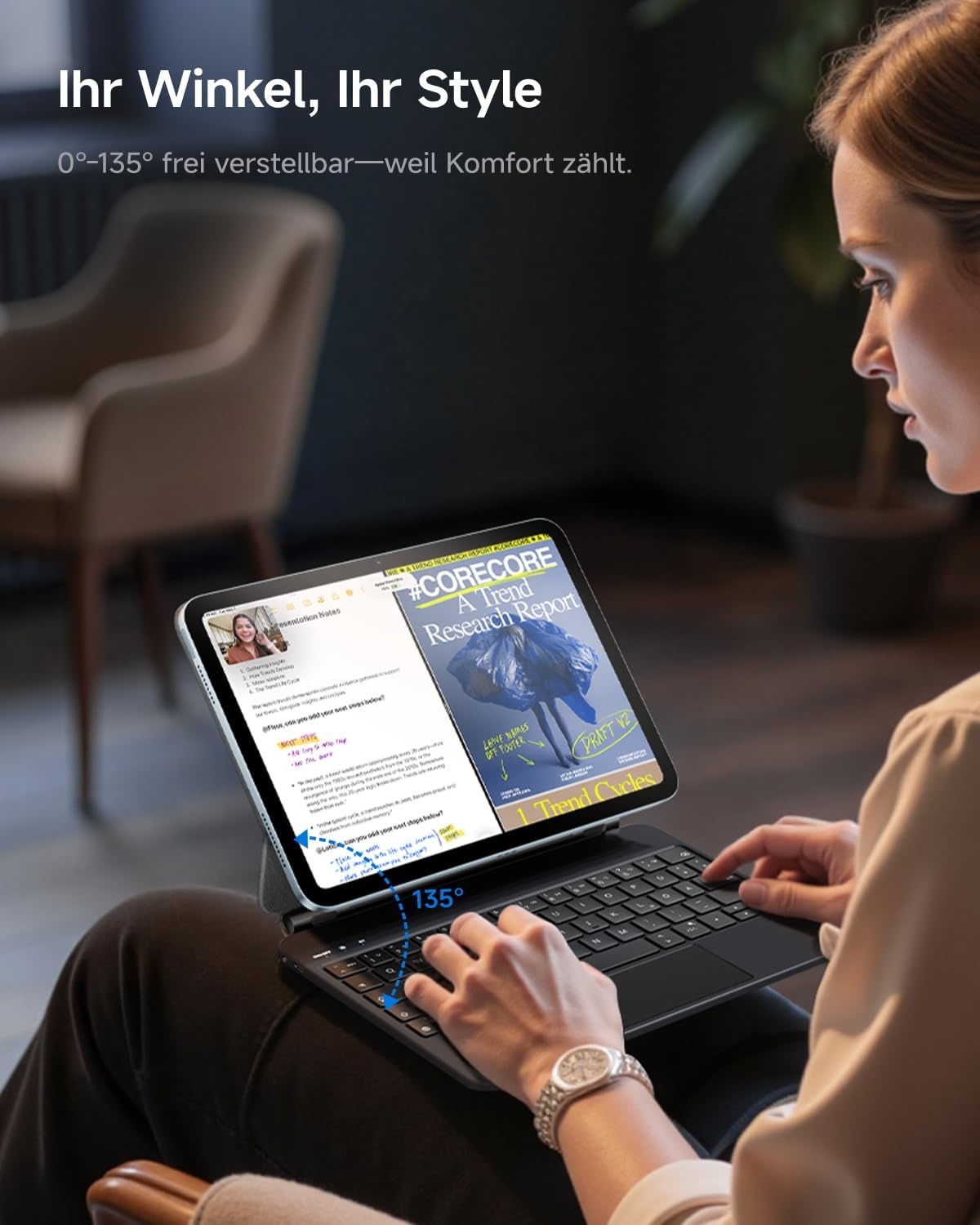 HOU Toetsenbord hoes voor iPad 10 generatie (10,9 inch), magnetische standaard, multi-touch trackpad, 7-kleurig verlicht, iPad 10 generatie 2022, hoes met toetsenbord, QWERTZ-lay-out, zwart