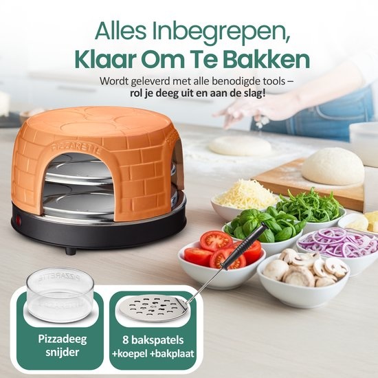 Emerio Pizzarette Origineel - 8 Persoons Pizza Oven - Handgemaakte Terracotta Koepel - 8 Geïsoleerde Bakspatels - RVS Bakplaat - Gourmetstel - PO-116124.1 1500W