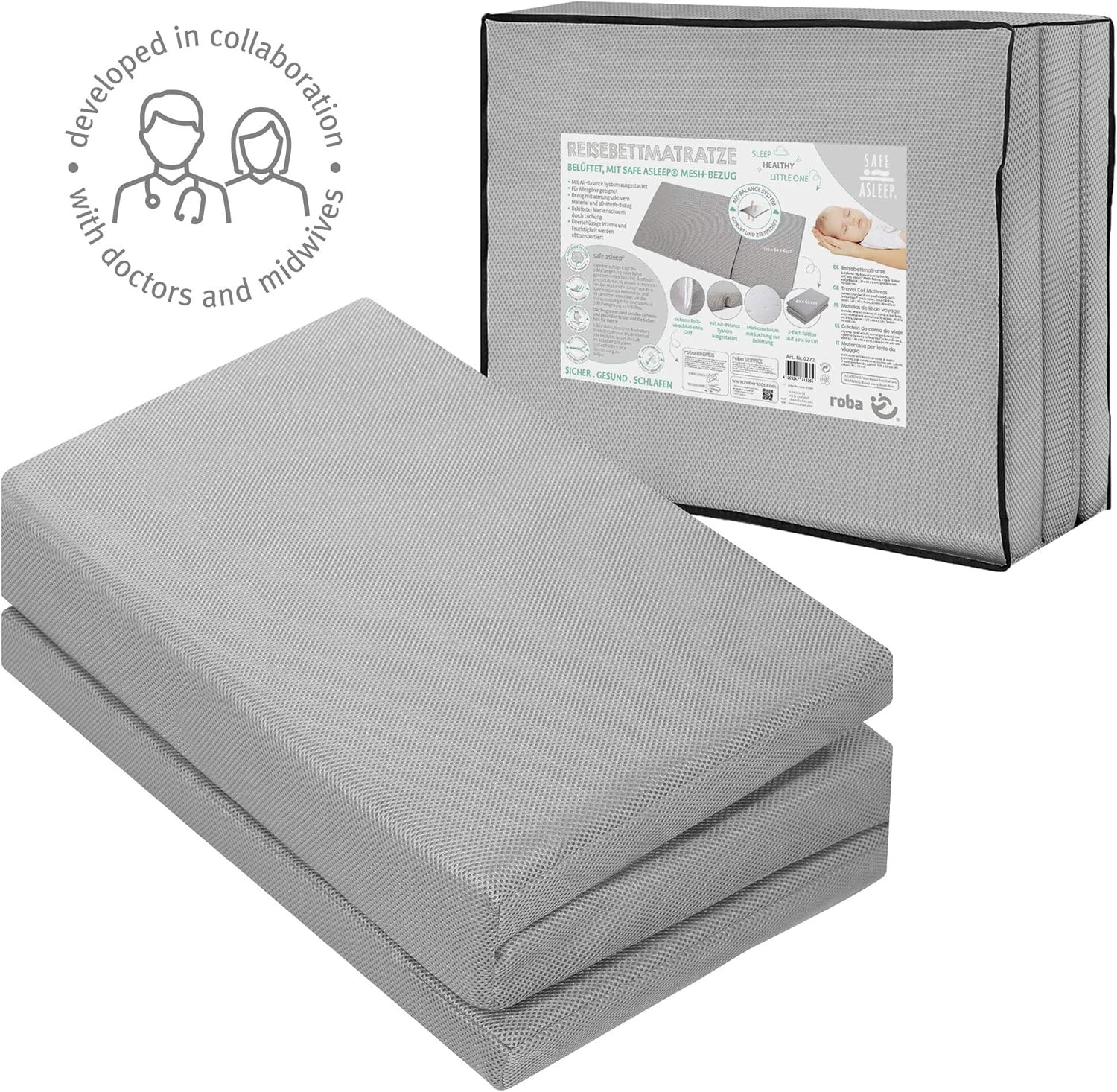 Roba Reisbedmatras, 120 x 60 cm, met geventileerd merkschuim voor een optimaal slaapklimaat, meervoudig geperforeerd, babybedmatras, kinderbedmatras