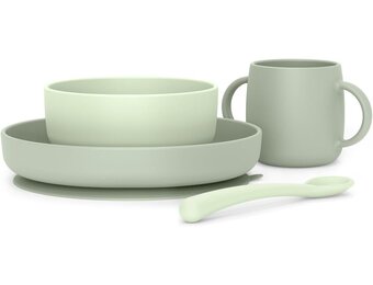 Suavinex, Babyservies van siliconen, met robuuste zuignap, incl. kom 350 ml + bord 400 ml + beker 240 ml + lepel, 4 maanden, Colour Essence, groen