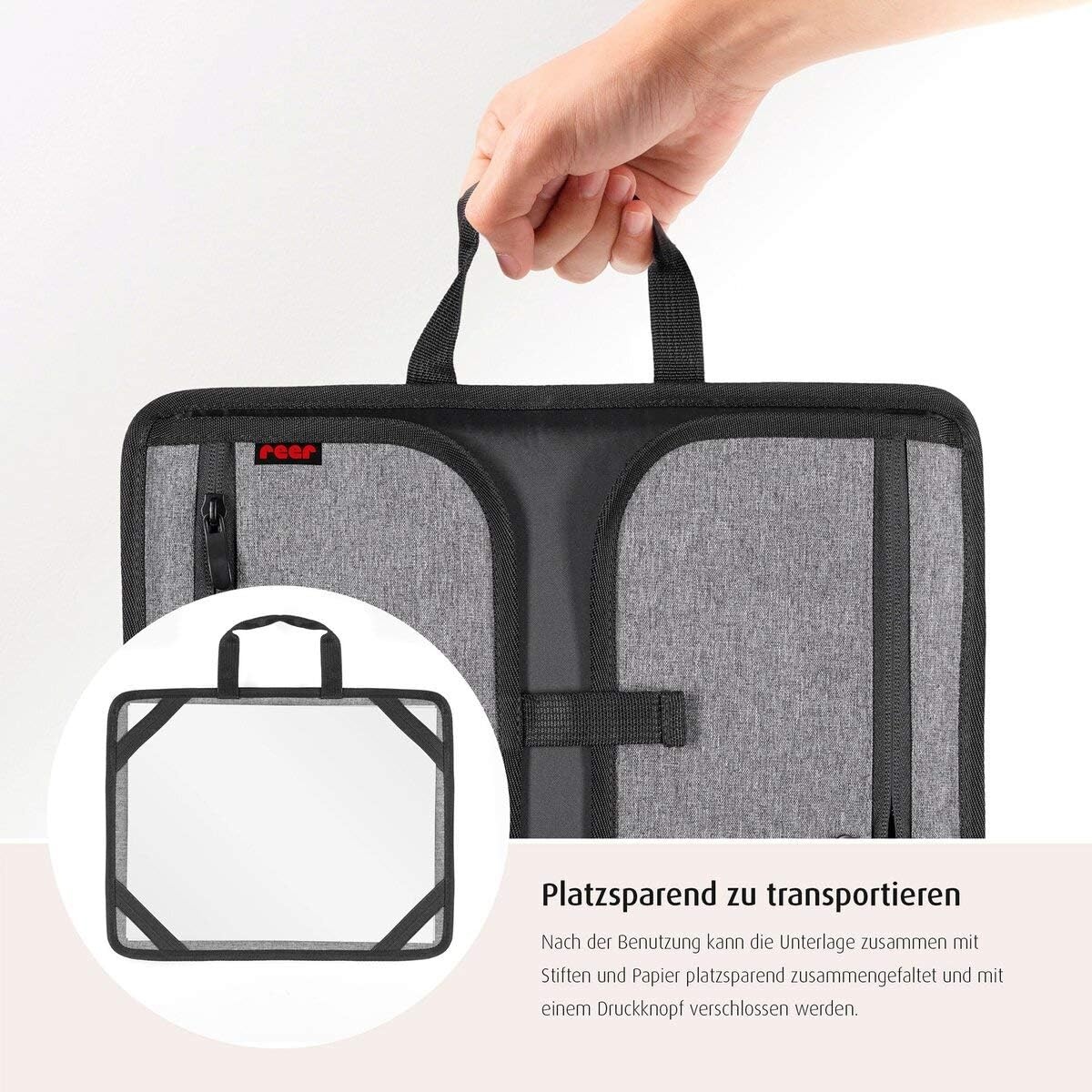 reer TravelKid Play schilderonderlegger voor onderweg, licht en stabiel, praktische tassen, waterafstotend, vuilafstotend, grijs