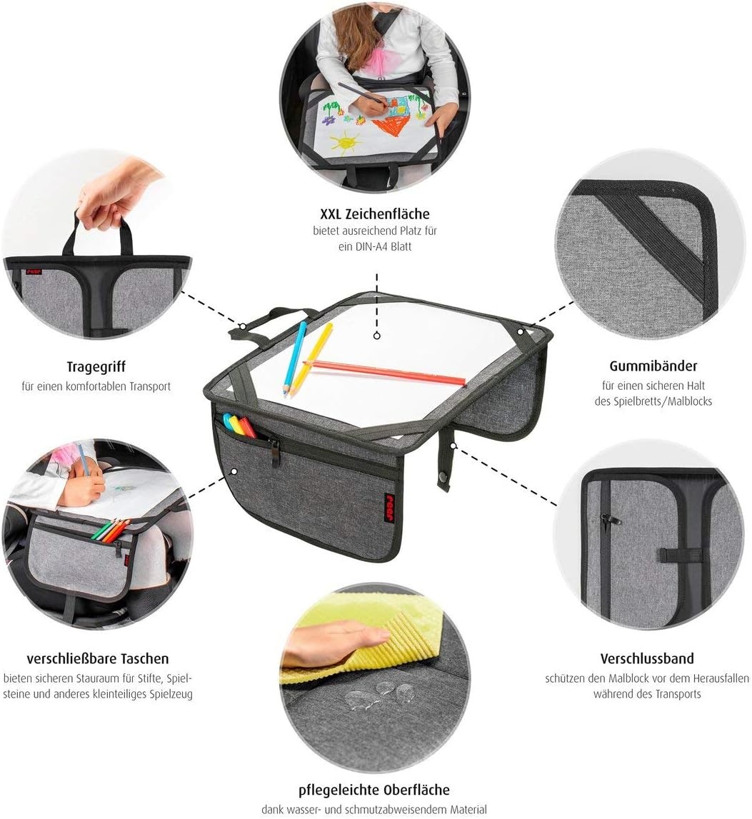 reer TravelKid Play schilderonderlegger voor onderweg, licht en stabiel, praktische tassen, waterafstotend, vuilafstotend, grijs