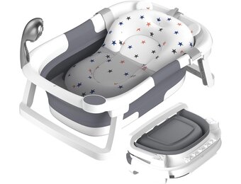 Babybadkuip opvouwbaar, draagbaar bad van pasgeborene tot peuter met antislipmat, afvoergat, geen thermometer, grijs