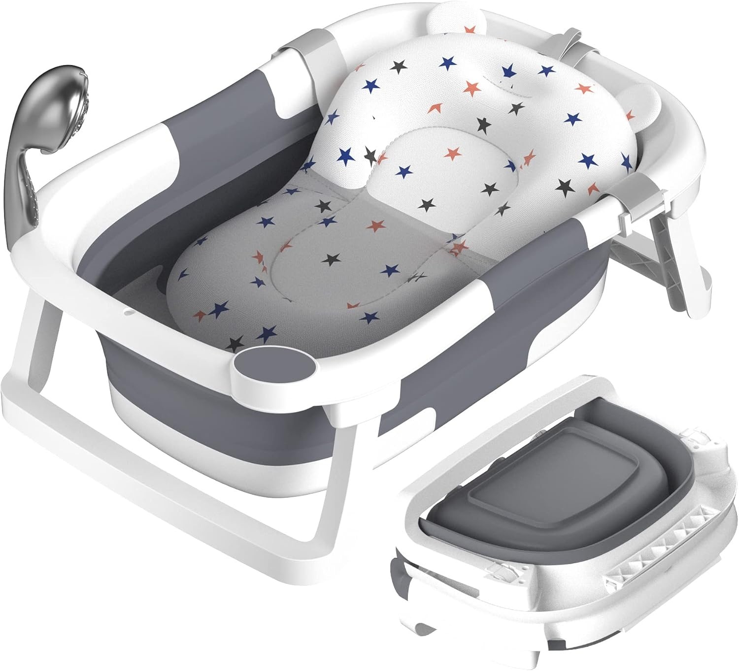 Babybadkuip opvouwbaar, draagbaar bad van pasgeborene tot peuter met antislipmat, afvoergat, geen thermometer, grijs