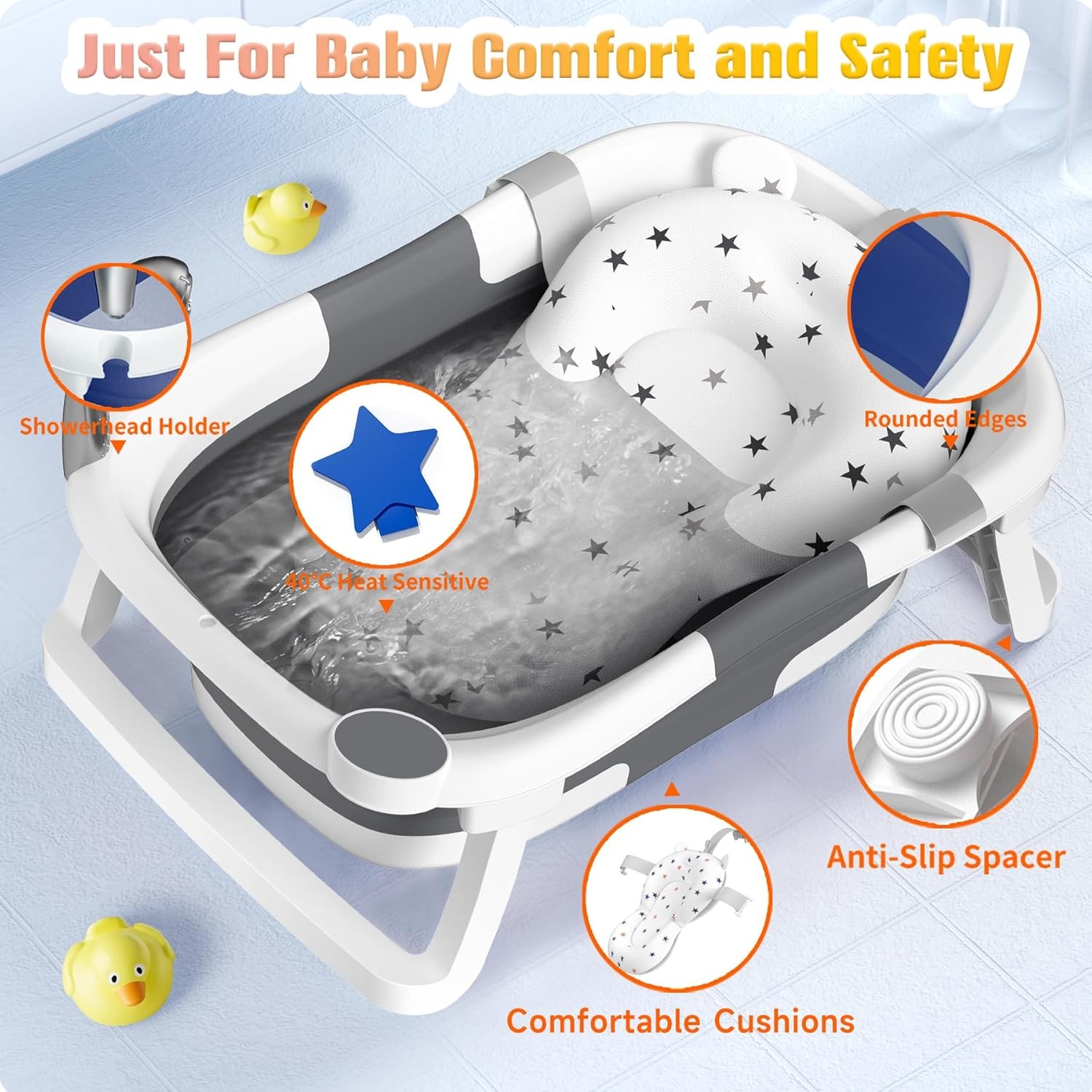 Babybadkuip opvouwbaar, draagbaar bad van pasgeborene tot peuter met antislipmat, afvoergat, geen thermometer, grijs