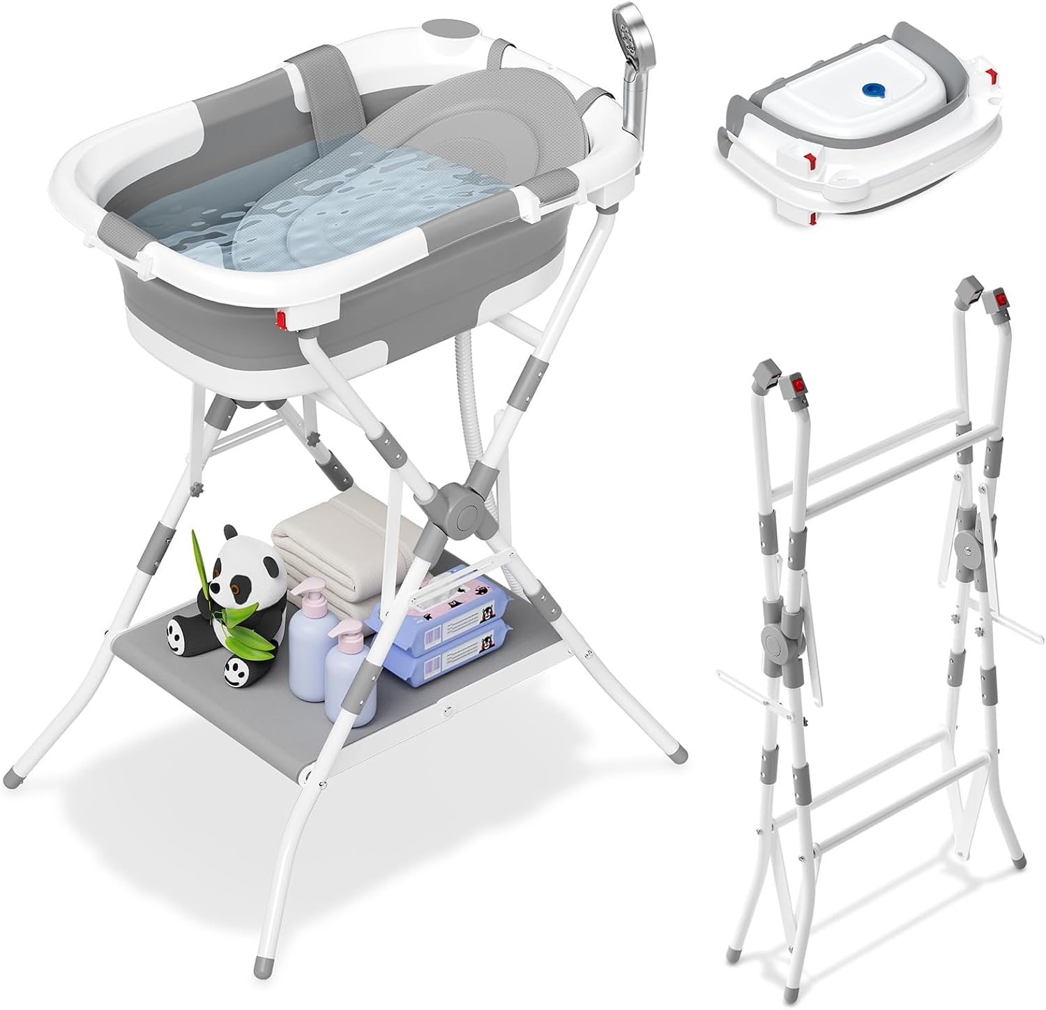 Babybadkuip opvouwbaar, draagbaar bad van pasgeborene tot peuter met antislipmat, afvoergat, geen thermometer, grijs