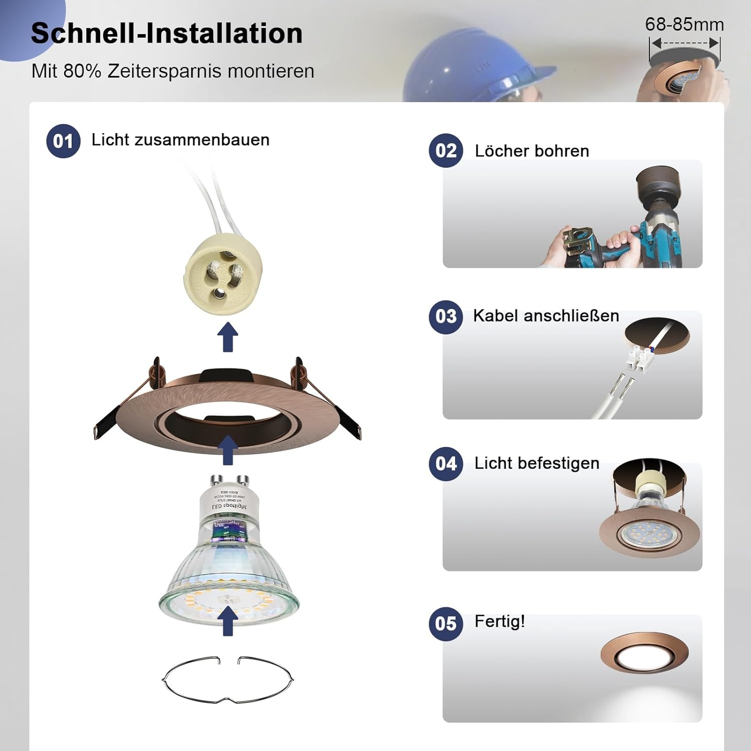 12x LED Inbouwspots Antiek Koper Rond Draaibaar 68mm Inbouwframe GU10 Fitting 230V