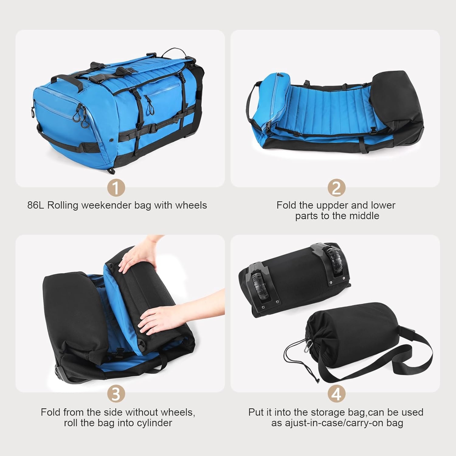 CONTAIL 86L Opvouwbare Reistas met Wielen en Gewatteerde Bodem - Blauw