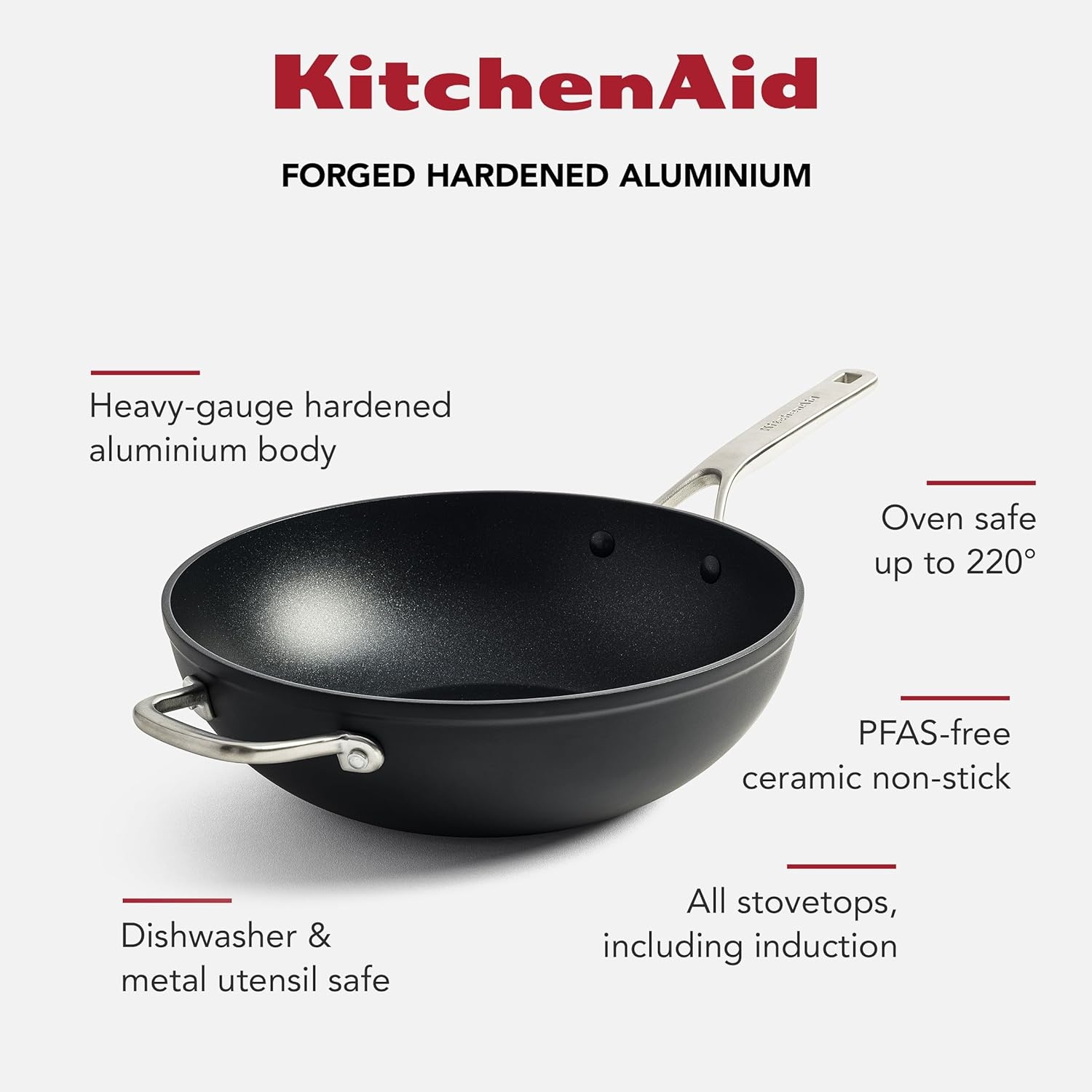 KitchenAid Forged Hardened Aluminium Hard geanodiseerd PFAS-vrij keramisch antiaanbaksel, 30cm/5 liter wok, inductie, ovenbestendig, vaatwasmachinebestendig, zwart - Maat 30cm/5l