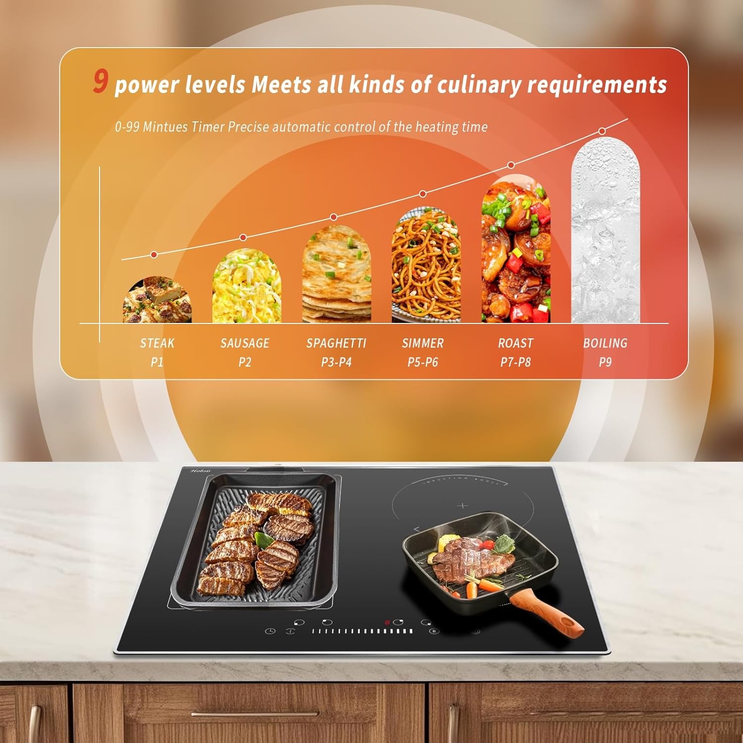 Hobsir Inbouw Inductiekookplaat 60 cm Flex Zone 7200W Touch Control Kinderbeveiliging