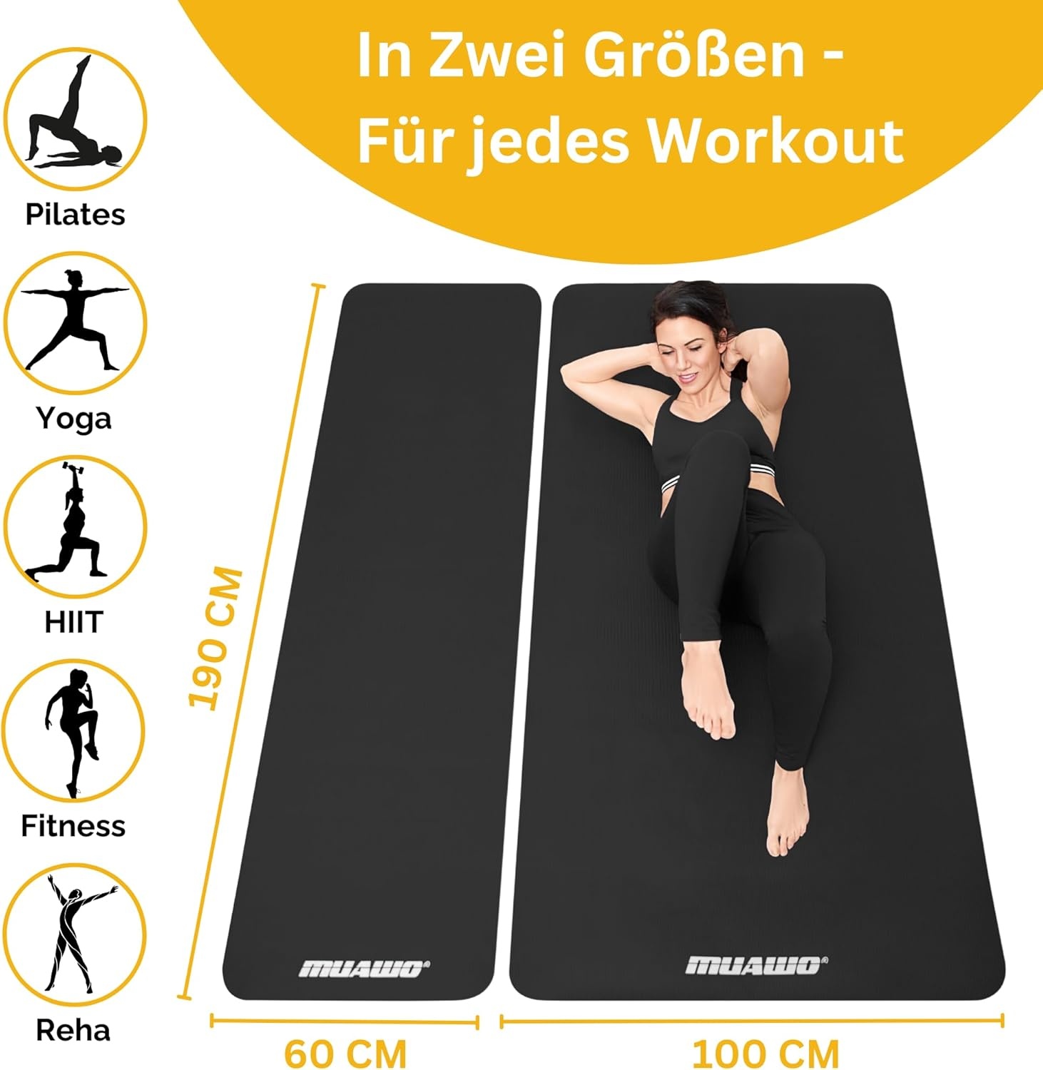 Muawo Premium Sports Mat & Fitness Mat Perfect as Yoga Mat Gym Mat Training Mat Non-Slip Extra Thick & Extra Long Up to 190 cm Long x 100 cm Width x 1.5 cm Thickness