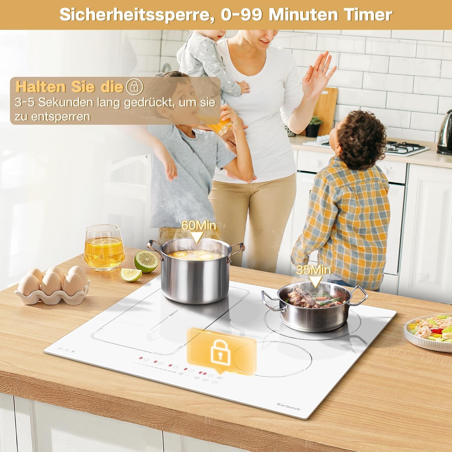 60 cm inductiekookplaat wit, 4 platen inductiekookplaat met stekker 220 V, 3500 W, schuifregelaar, veiligheidsslot, pauze, 99 min timer, boost, geavanceerde zone, warm houden