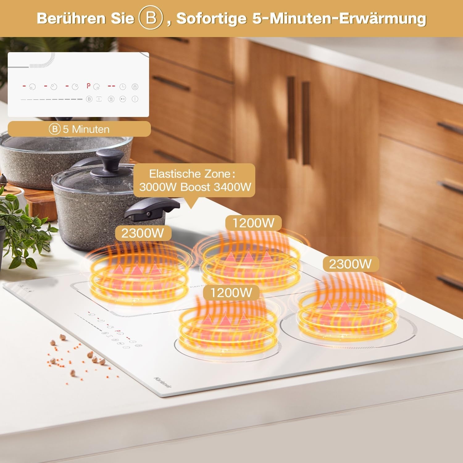 60 cm inductiekookplaat wit, 4 platen inductiekookplaat met stekker 220 V, 3500 W, schuifregelaar, veiligheidsslot, pauze, 99 min timer, boost, geavanceerde zone, warm houden