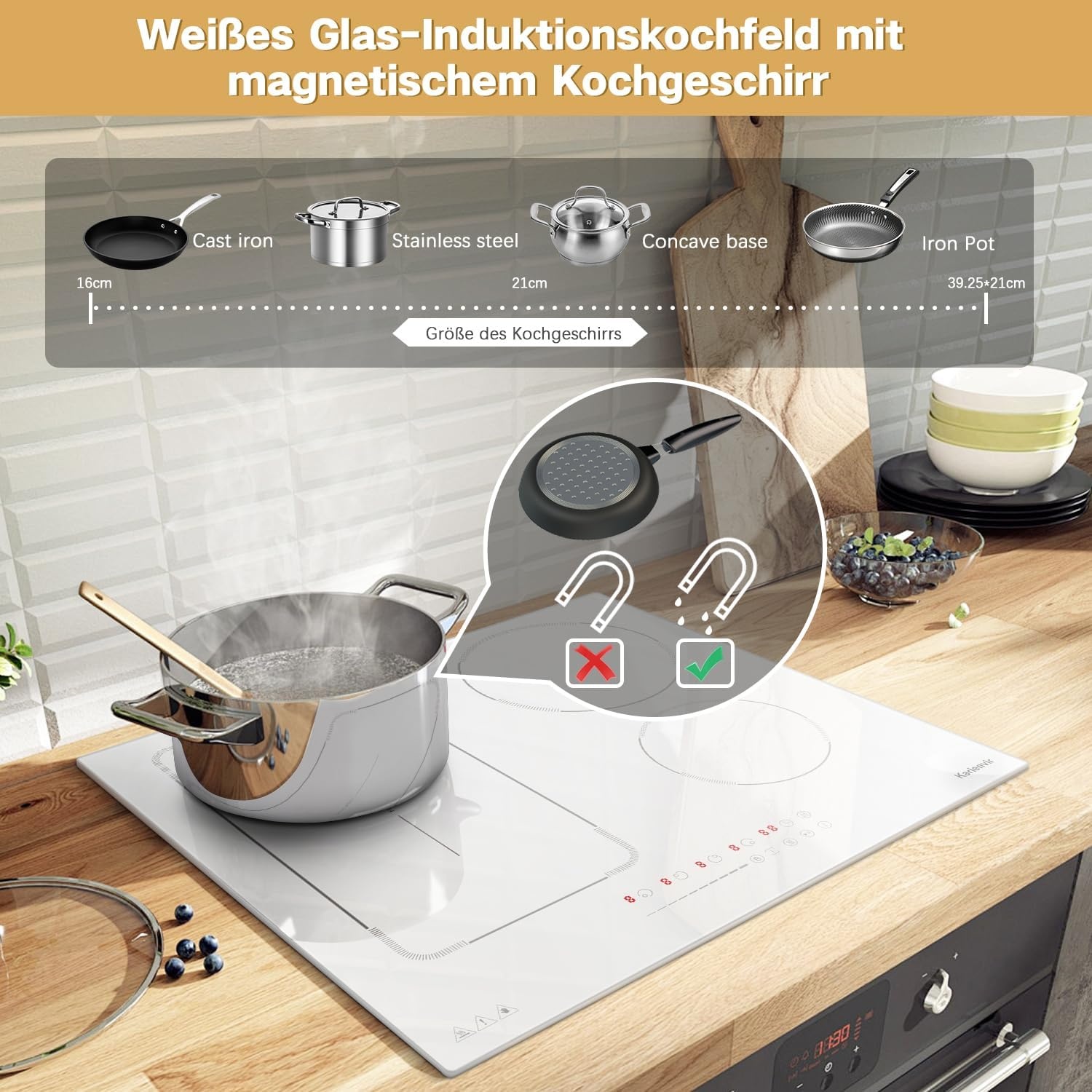 60 cm inductiekookplaat wit, 4 platen inductiekookplaat met stekker 220 V, 3500 W, schuifregelaar, veiligheidsslot, pauze, 99 min timer, boost, geavanceerde zone, warm houden