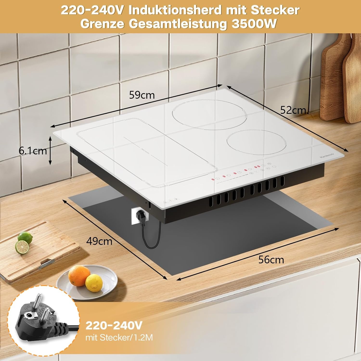 60 cm inductiekookplaat wit, 4 platen inductiekookplaat met stekker 220 V, 3500 W, schuifregelaar, veiligheidsslot, pauze, 99 min timer, boost, geavanceerde zone, warm houden