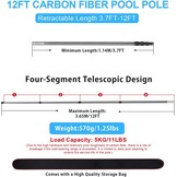 DOBEN Zwembadpoolstang van koolstofvezel, telescopische zwembadpool 3,7 tot 12FT (112-365cm), professionele telescopische zwembad, schoonmaakstangen voor skimmernet, voor het opvangen van drijvende