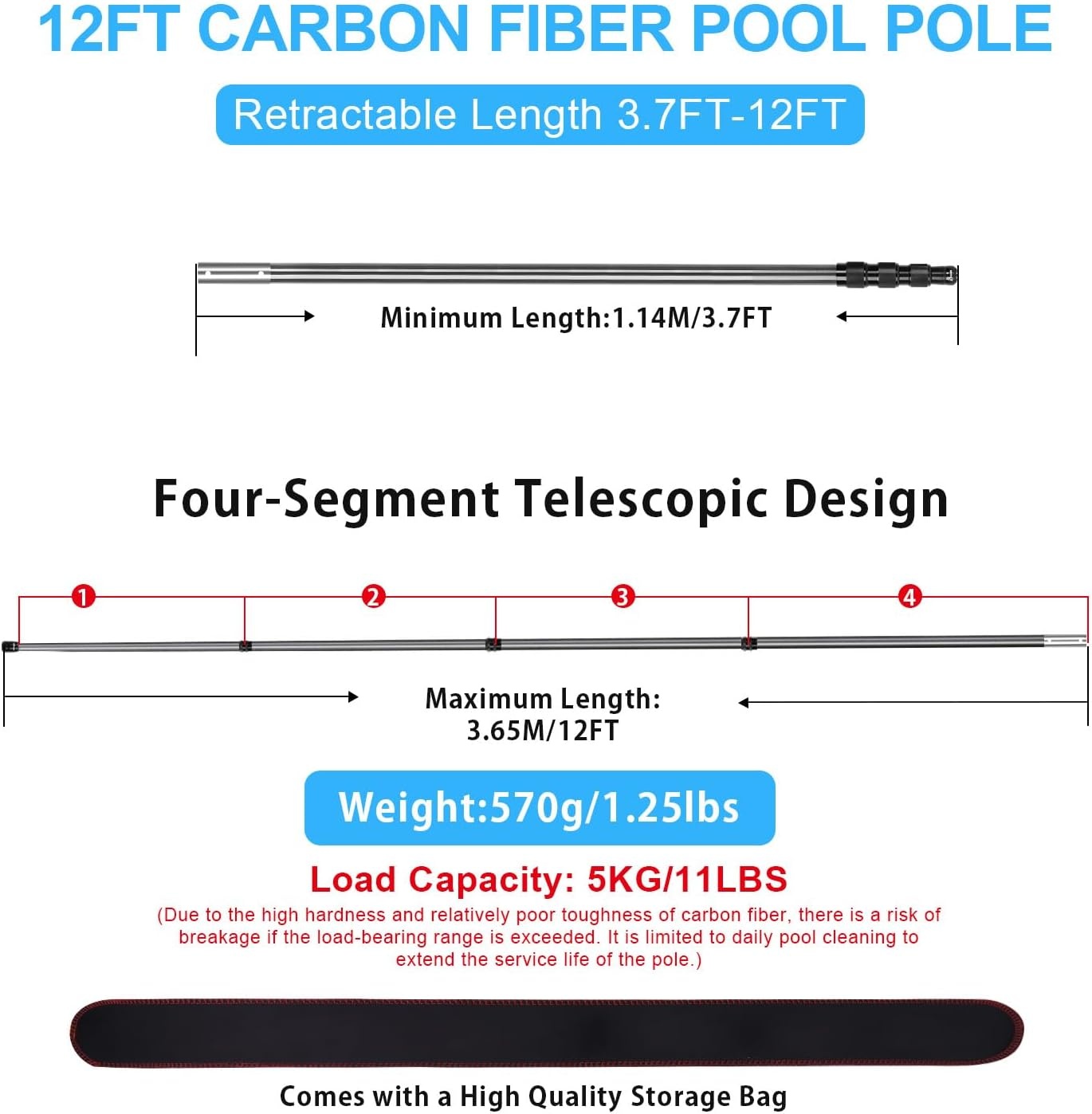 DOBEN Zwembadpoolstang van koolstofvezel, telescopische zwembadpool 3,7 tot 12FT (112-365cm), professionele telescopische zwembad, schoonmaakstangen voor skimmernet, voor het opvangen van drijvende