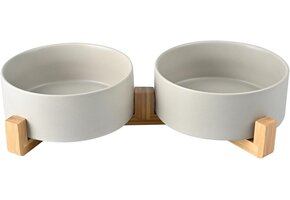 Dubbele Hondenvoerbak Grijs | Keramiek 1800ml | Bamboe Standaard | 40% Korting