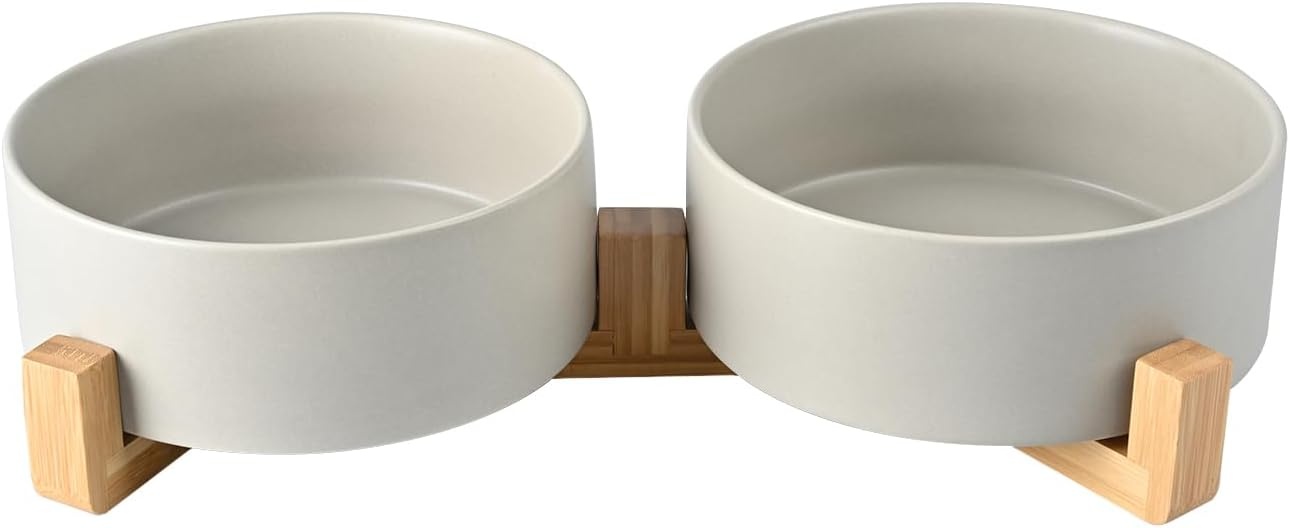 SPUNKYJUNKY Keramische dubbele hondenvoerbak met bamboestandaard voor grote honden (1800 ml, grijs)