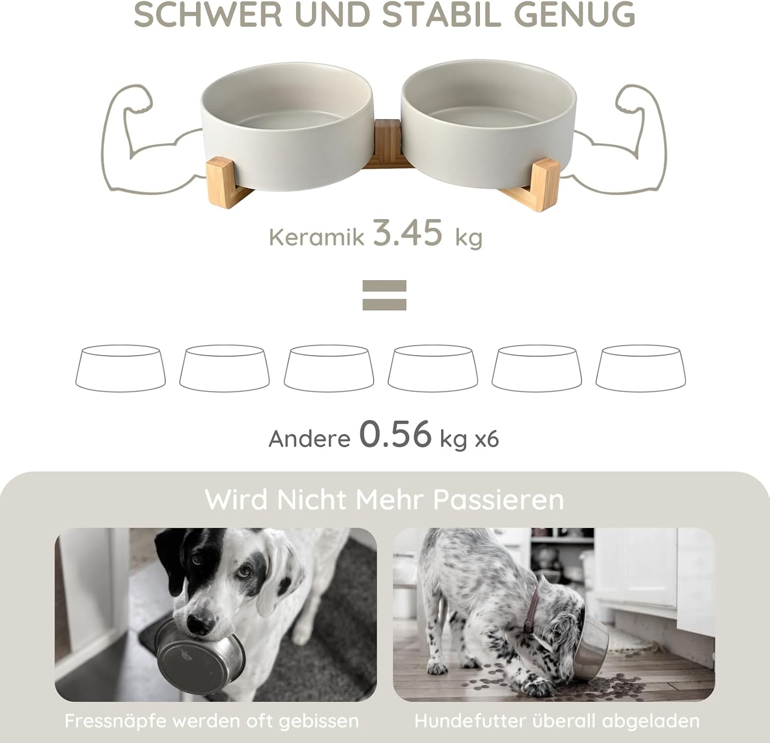 SPUNKYJUNKY Keramische dubbele hondenvoerbak met bamboestandaard voor grote honden (1800 ml, grijs)