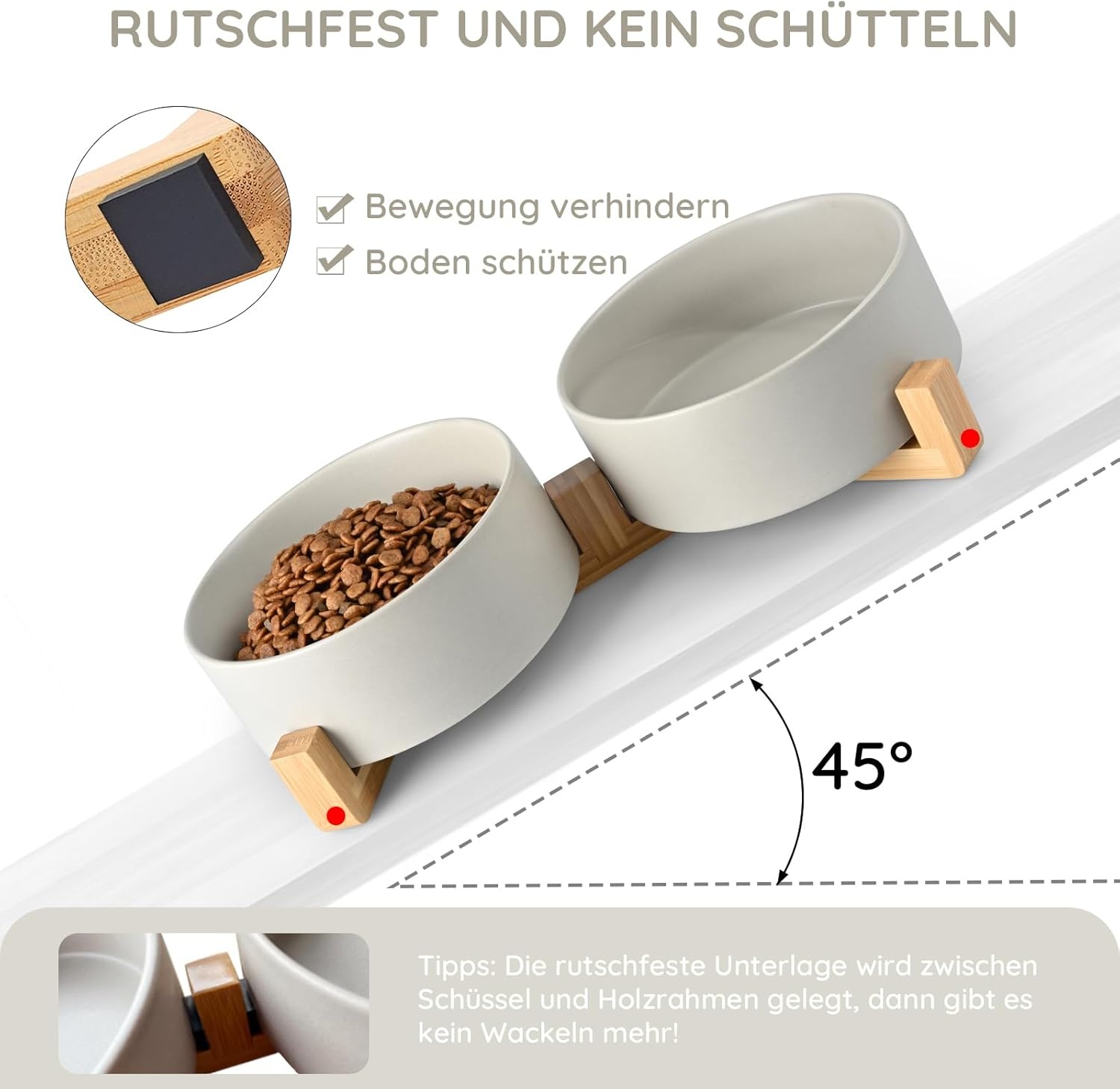 SPUNKYJUNKY Keramische dubbele hondenvoerbak met bamboestandaard voor grote honden (1800 ml, grijs)
