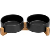SPUNKYJUNKY Keramische dubbele hondenvoerbak met bamboestandaard voor grote honden (1800 ml, grijs)