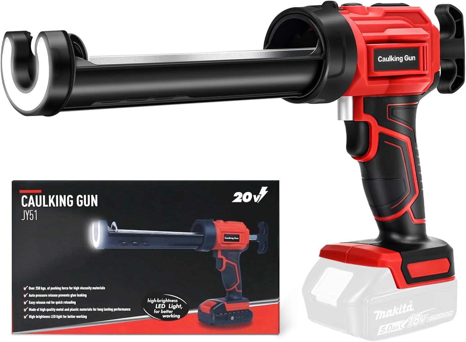 Accu Kartuschenpers Compatibel voor 18V Makita Accu, Elektrische Kartuschenspuit met 4 snelheden en LED-licht, 10oz/300ml, siliconen spuit voor afdichten, spachtelen (zonder accu)