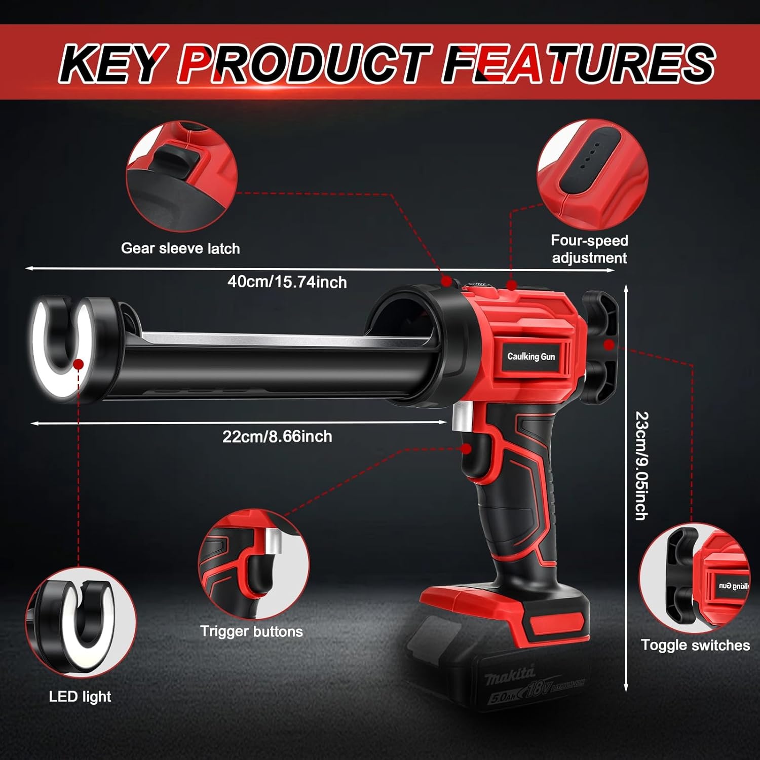 Accu Kartuschenpers Compatibel voor 18V Makita Accu, Elektrische Kartuschenspuit met 4 snelheden en LED-licht, 10oz/300ml, siliconen spuit voor afdichten, spachtelen (zonder accu)