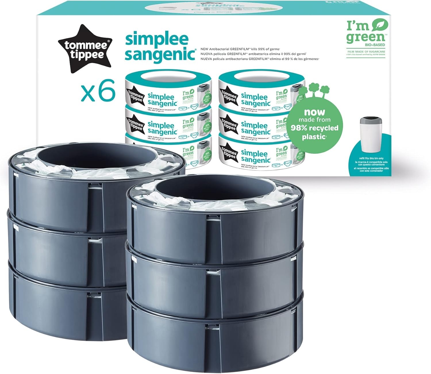 Tommee Tippee Simplee Sangenic navullingen voor luierbakken, duurzaam geproduceerde antibacteriële GREENFILM, verpakking van 6 - Maat Pack of 6