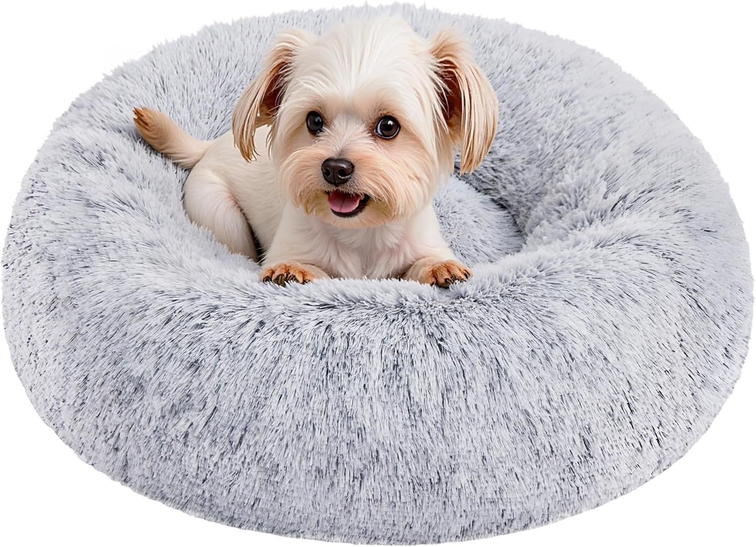 Feandrea Fluffy hondenmand, kattenmand, donutkussen, wasbaar, verwijderbare middenvulling, lang pluche, diameter 50 cm, Ombre grijs PGW037G01 - Maat L 50 x B 50 x H 20 cm