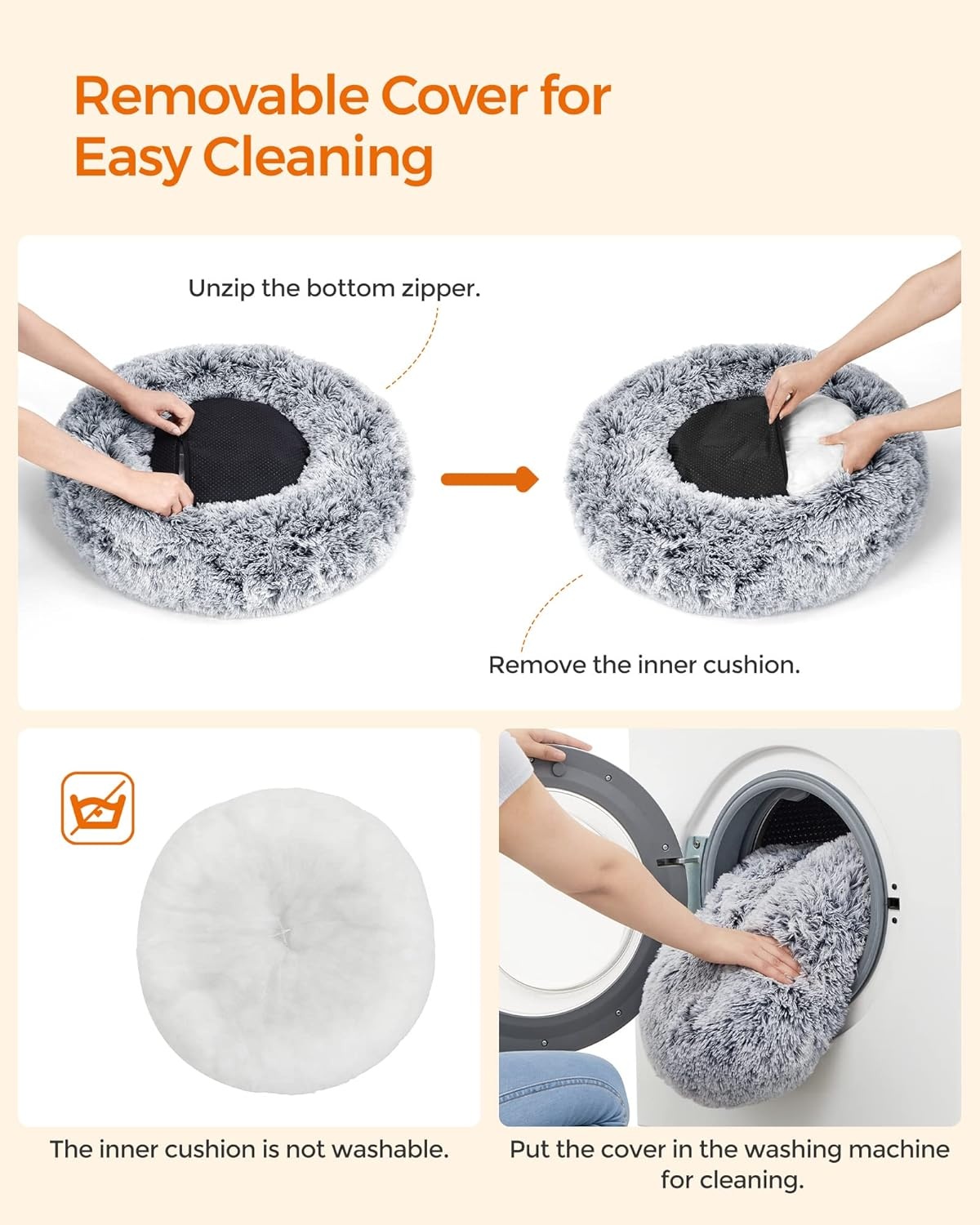 Feandrea Fluffy hondenmand, kattenmand, donutkussen, wasbaar, verwijderbare middenvulling, lang pluche, diameter 50 cm, Ombre grijs PGW037G01 - Maat L 50 x B 50 x H 20 cm